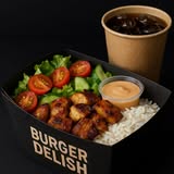 Burger Delish branded rice and chicken box